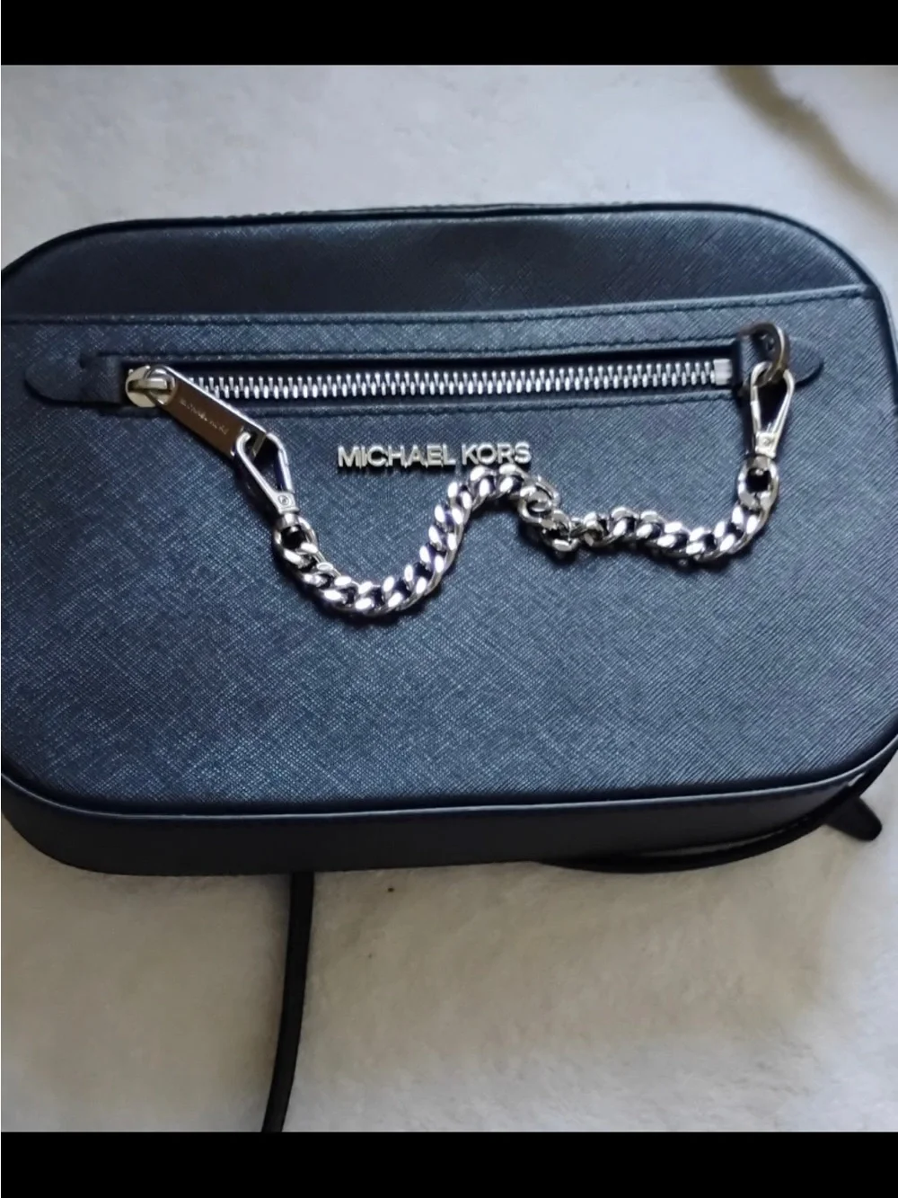 Michael Kors Black Crossbody Bag Zip Front Pocket Silver Chain Strap
